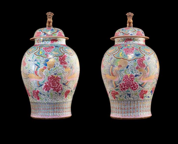 Large Pair of Chinese export porcelain famille rose vases with phoenixes